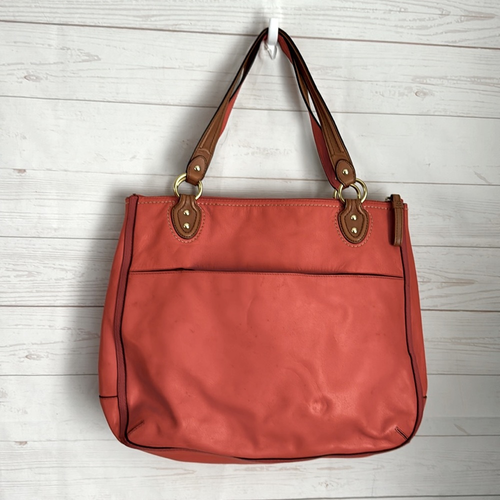COACH East West 22430 Poppy Colorblock Hattie Sun Orange Leather Tote Flaws - Picture 4 of 10
